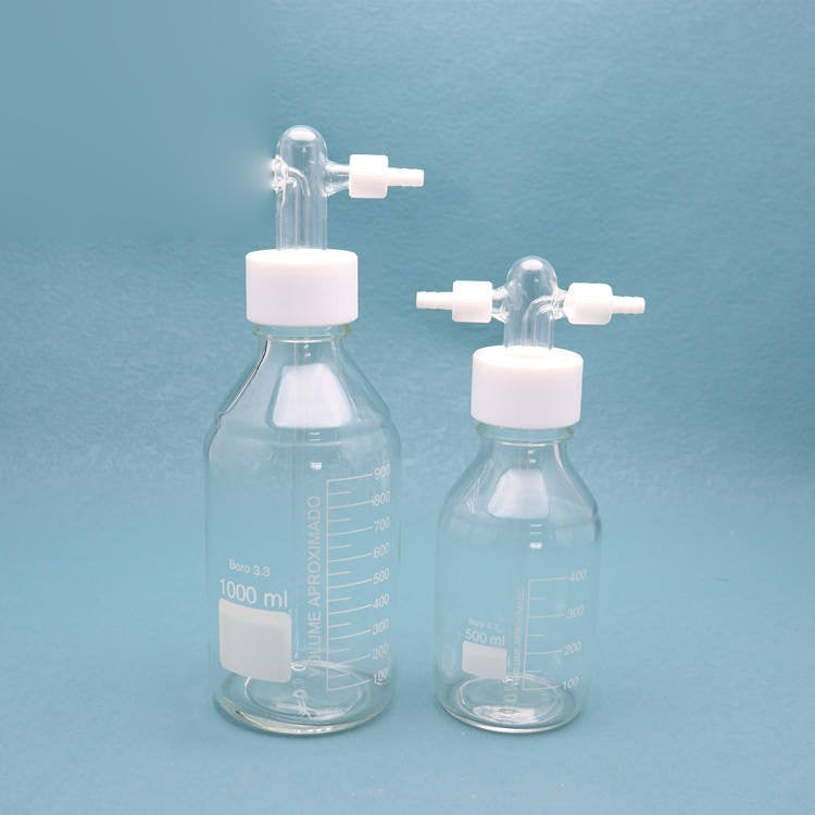 Glass buffer bottle / gas washing bottle with GL45 mouth and dispensing head