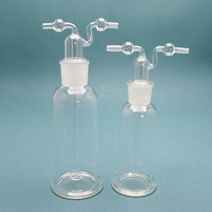 Glass gas wash bottle with stopper and inlet/outlet tubes