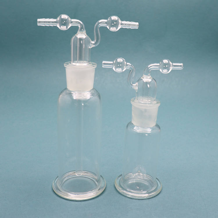 Glass gas wash bottle with stopper and inlet/outlet tubes