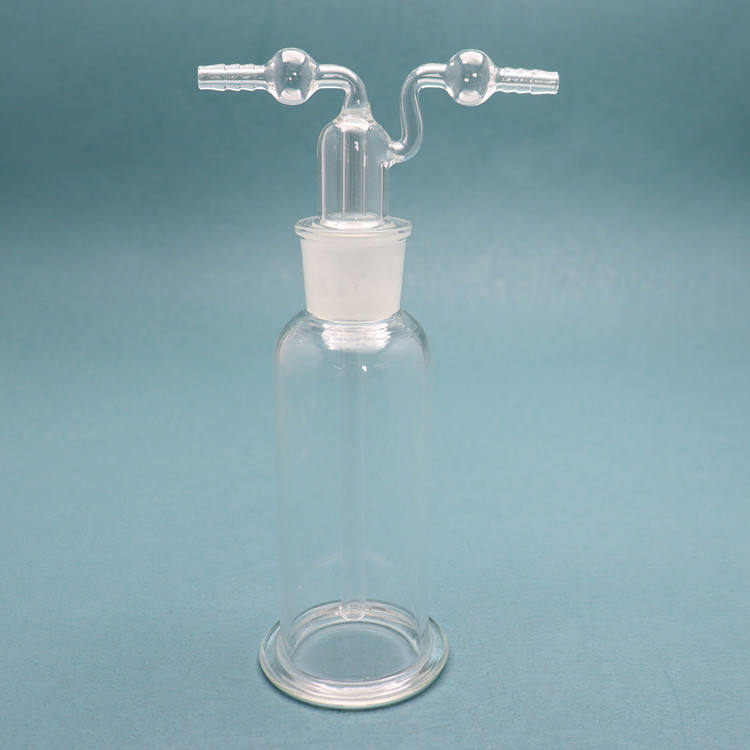 Glass gas wash bottle with stopper and inlet/outlet tubes