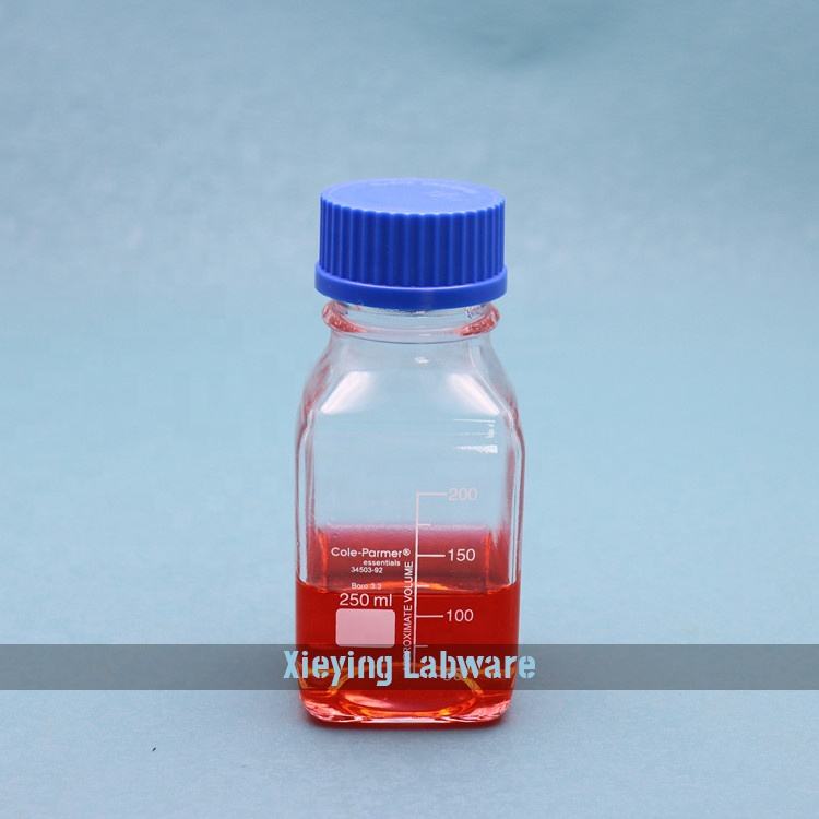 Square borosilicate glass GL45 screw cap media/reagent bottle