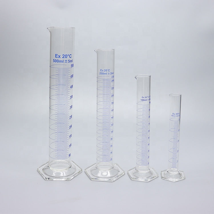 Thick-walled Boro 3.3 glass graduated measuring cylinder with glass hexagonal base