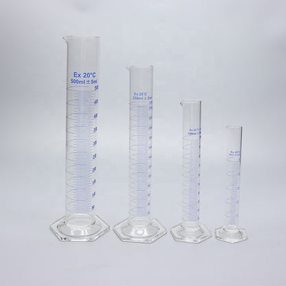 Thick-walled Boro 3.3 glass graduated measuring cylinder with glass hexagonal base
