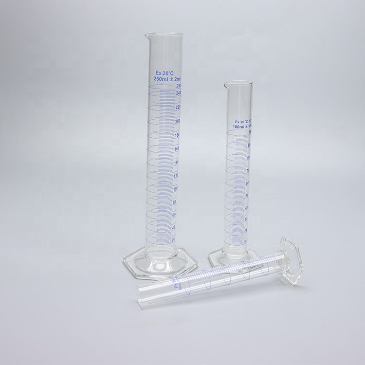 Thick-walled Boro 3.3 glass graduated measuring cylinder with glass hexagonal base