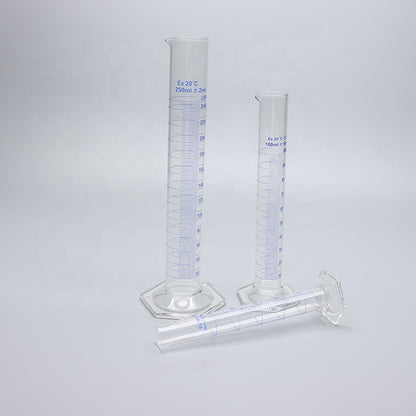 Thick-walled Boro 3.3 glass graduated measuring cylinder with glass hexagonal base