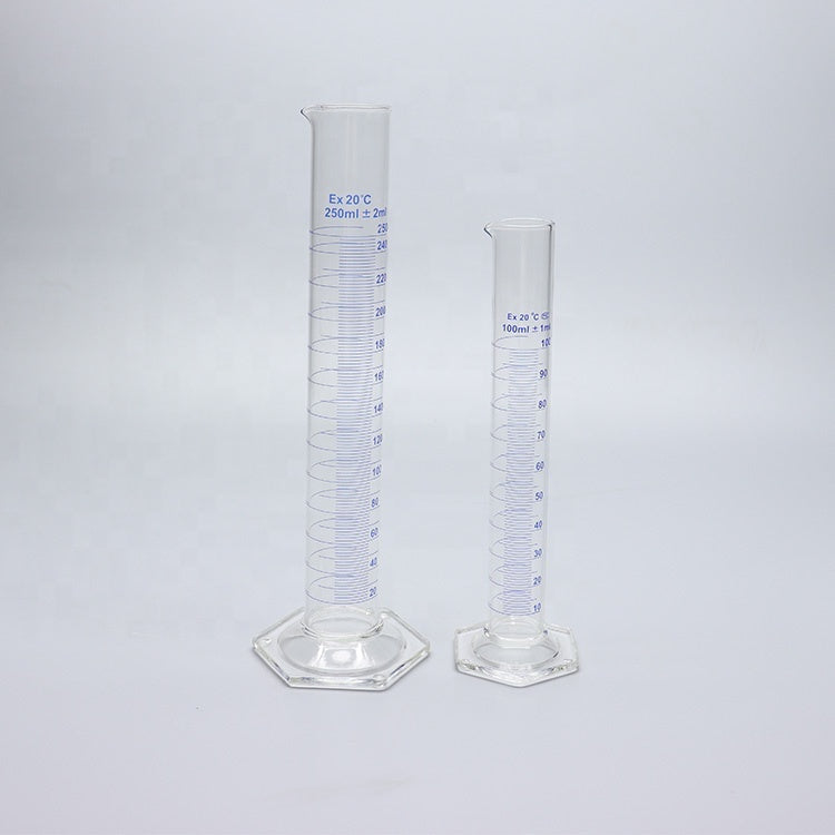 Thick-walled Boro 3.3 glass graduated measuring cylinder with glass hexagonal base