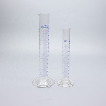 Thick-walled Boro 3.3 glass graduated measuring cylinder with glass hexagonal base