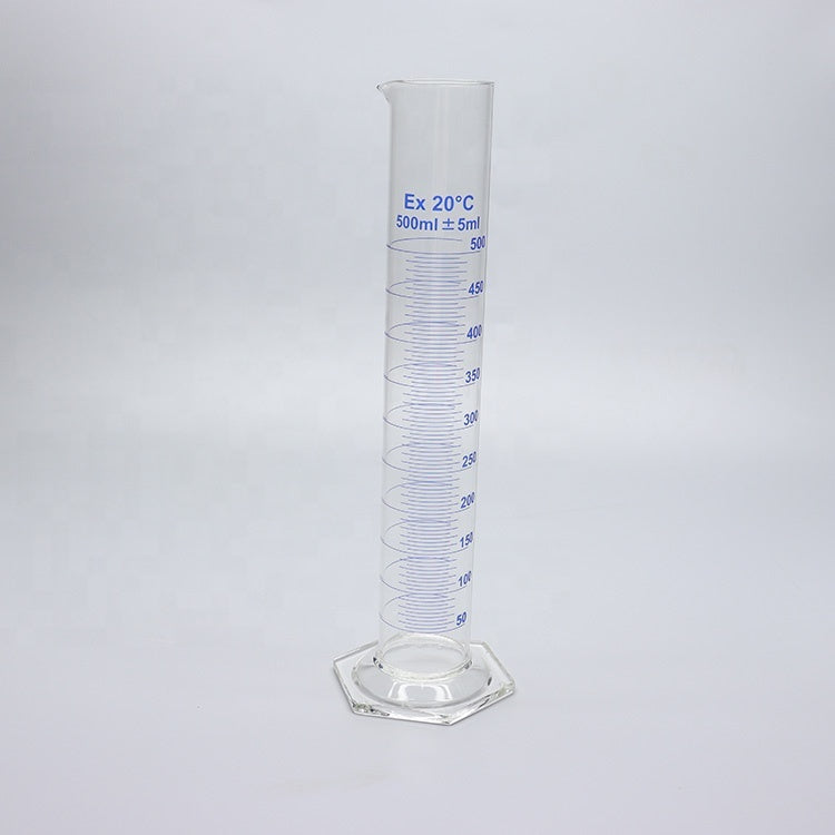 Thick-walled Boro 3.3 glass graduated measuring cylinder with glass hexagonal base