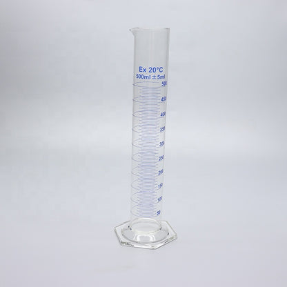 Thick-walled Boro 3.3 glass graduated measuring cylinder with glass hexagonal base