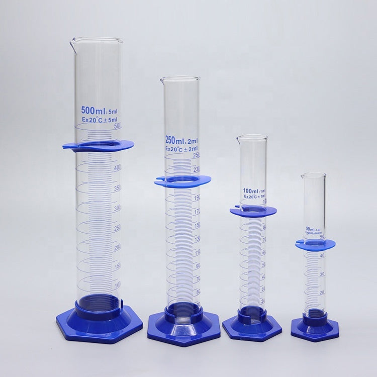 Thick-walled Boro 3.3 glass graduated measuring cylinder with plastic hexagonal base