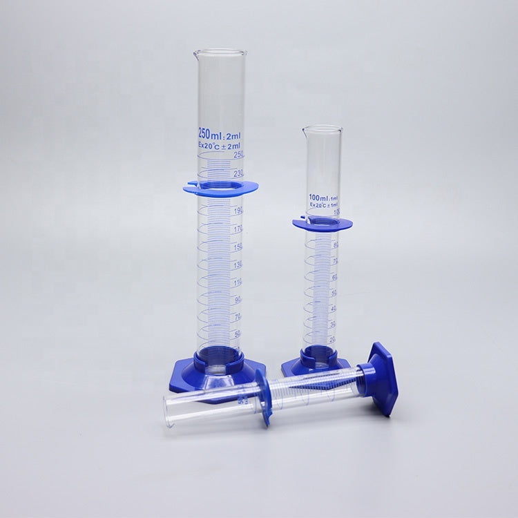 Thick-walled Boro 3.3 glass graduated measuring cylinder with plastic hexagonal base