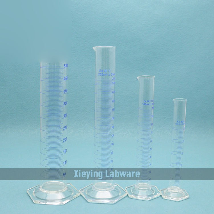 Thick-walled Boro 3.3 glass graduated measuring cylinder with spout and graduation