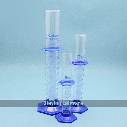 Borosilicate glass measuring cylinder with plastic hexagonal base and bumper guard