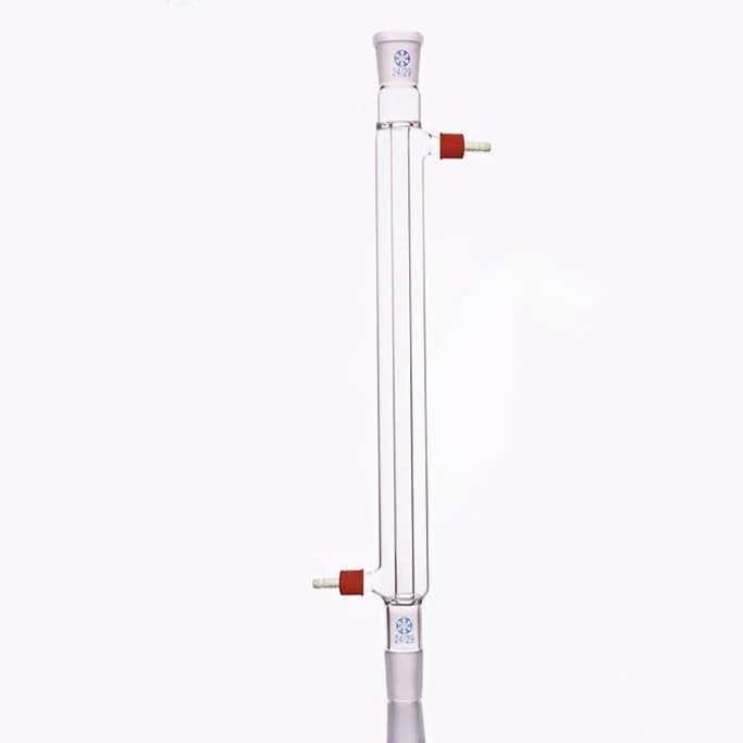 Liebig condenser with joint and unscrewable plastic connectors, length 200 mm to 500 mm.