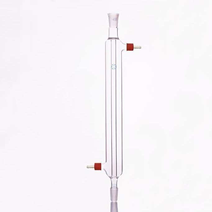 Liebig condenser with joint and unscrewable plastic connectors, length 200 mm to 500 mm.