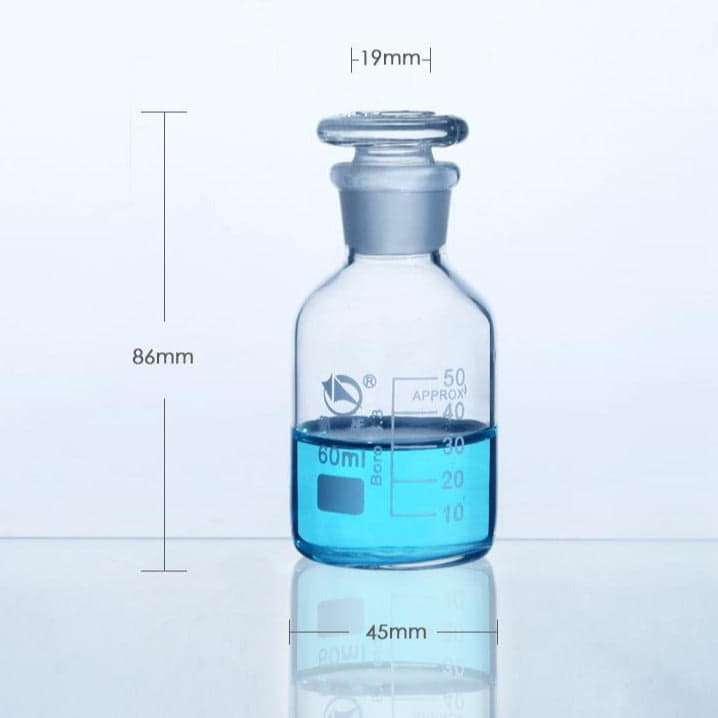 Narrow mouth bottle, clear glass, graduated, 60 ml to 20.000 ml
