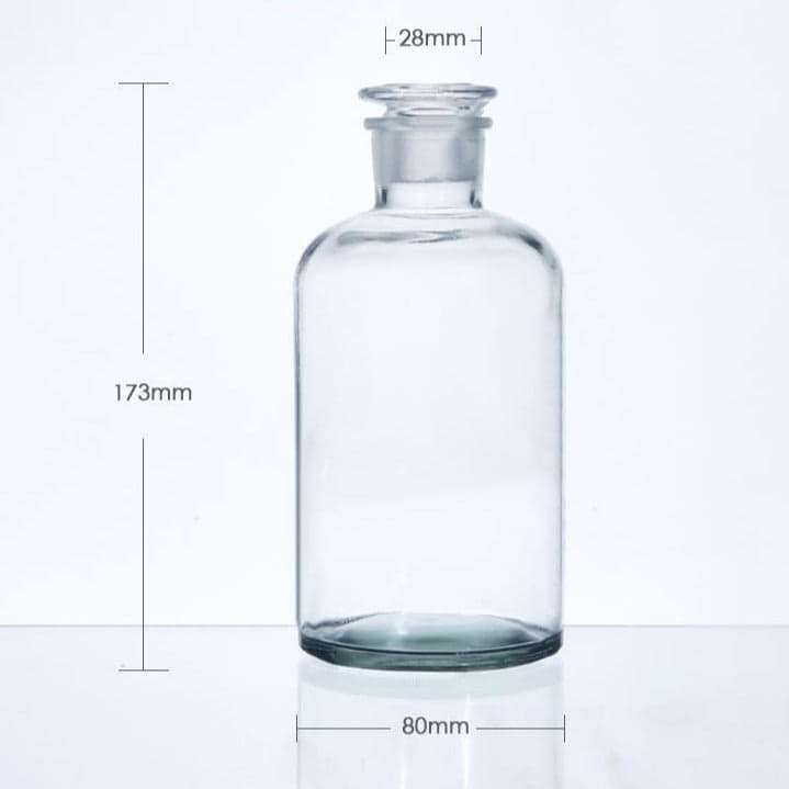 Narrow mouth bottle, clear glass, ungraduated, 30 ml to 1.000 ml