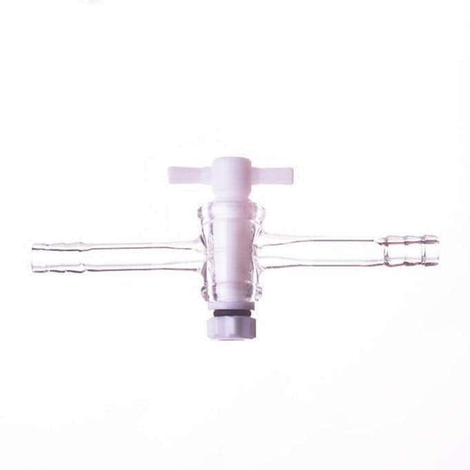 One-way tap with PTFE stopcock and hose connector, tube diameter 8 to 12 mm