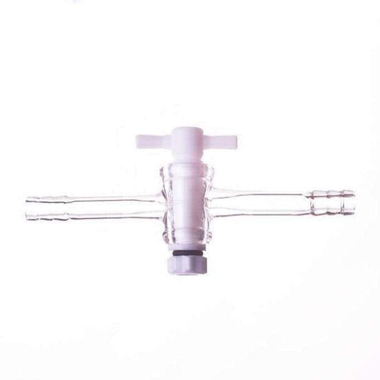 One-way tap with PTFE stopcock and hose connector, tube diameter 8 to 12 mm