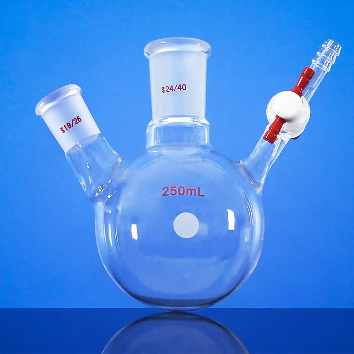 Schlenk round flask with 2 necks and PTFE stopcock on side, capacity 50 to 500 ml