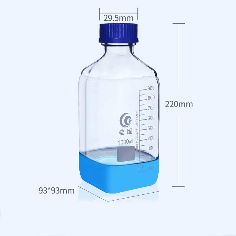 Square bottle with screw cap, clear glass, graduated, 250 ml to 1.000 ml