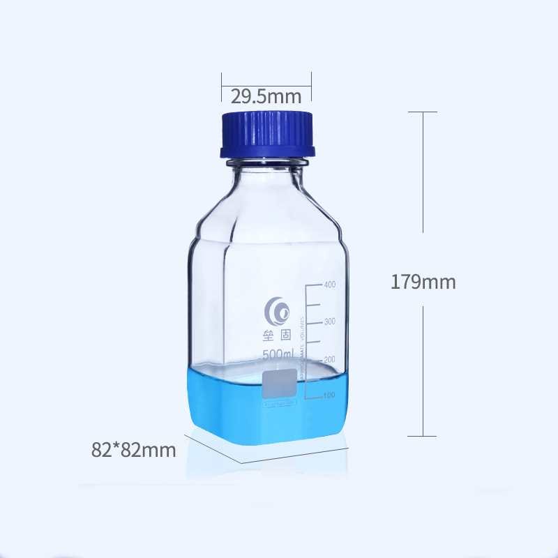 Square bottle with screw cap, clear glass, graduated, 250 ml to 1.000 ml