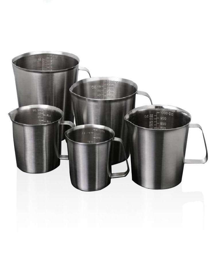 Stainless steel measuring beaker with handle, capacity 500 to 2.000 ml
