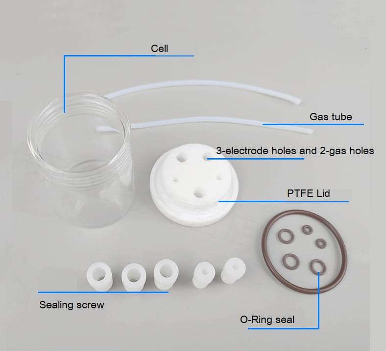 Standard sealed electrochemical cell with 5 holes, capacity 30 to 1.000 ml,PTFE Lid