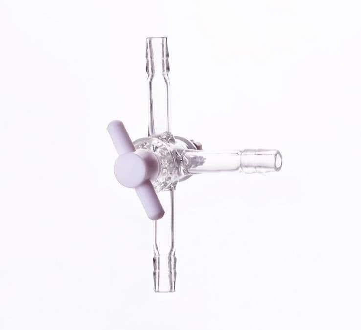 T-shaped three-way tap with PTFE stopcock and hose connectors, tube diameter 8 to 12 mm
