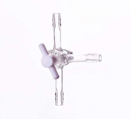 T-shaped three-way tap with PTFE stopcock and hose connectors, tube diameter 8 to 12 mm