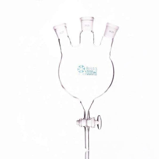 Three-necked round-bottom flask with bottom outlet and glass stopcock, capacity 250 to 5.000 ml