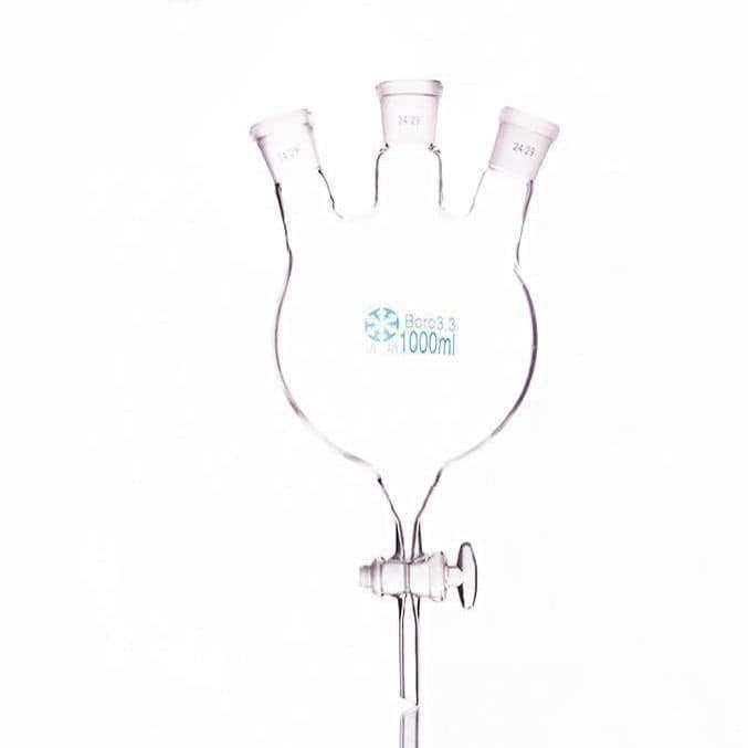 Three-necked round-bottom flask with bottom outlet and glass stopcock, capacity 250 to 5.000 ml