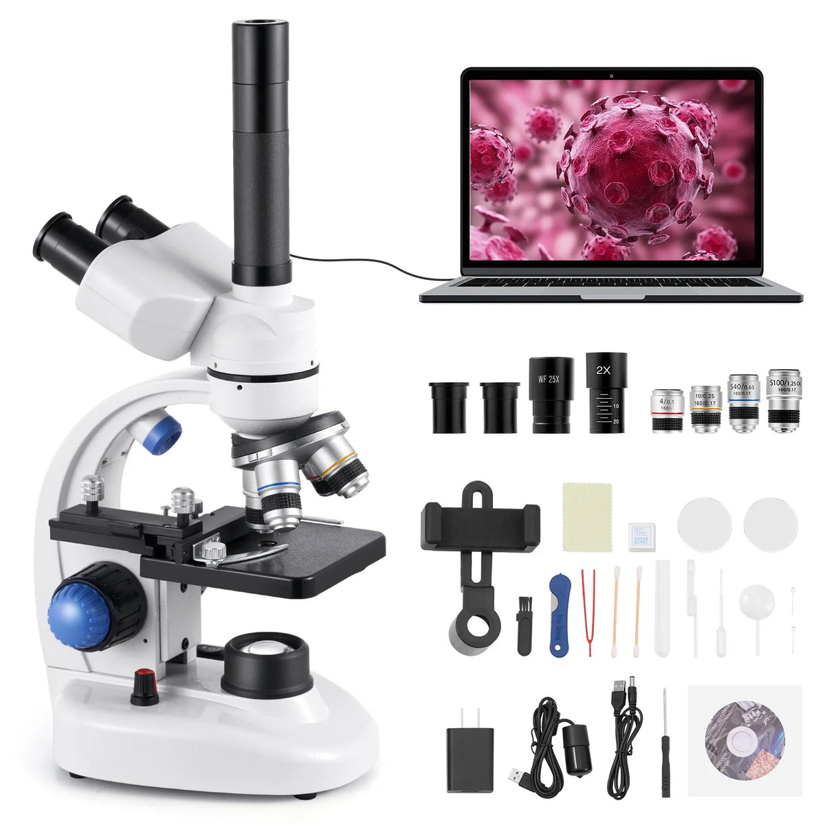 Trinocular Microscope, Professional Compound Microscope, 40-5000X Magnificatio