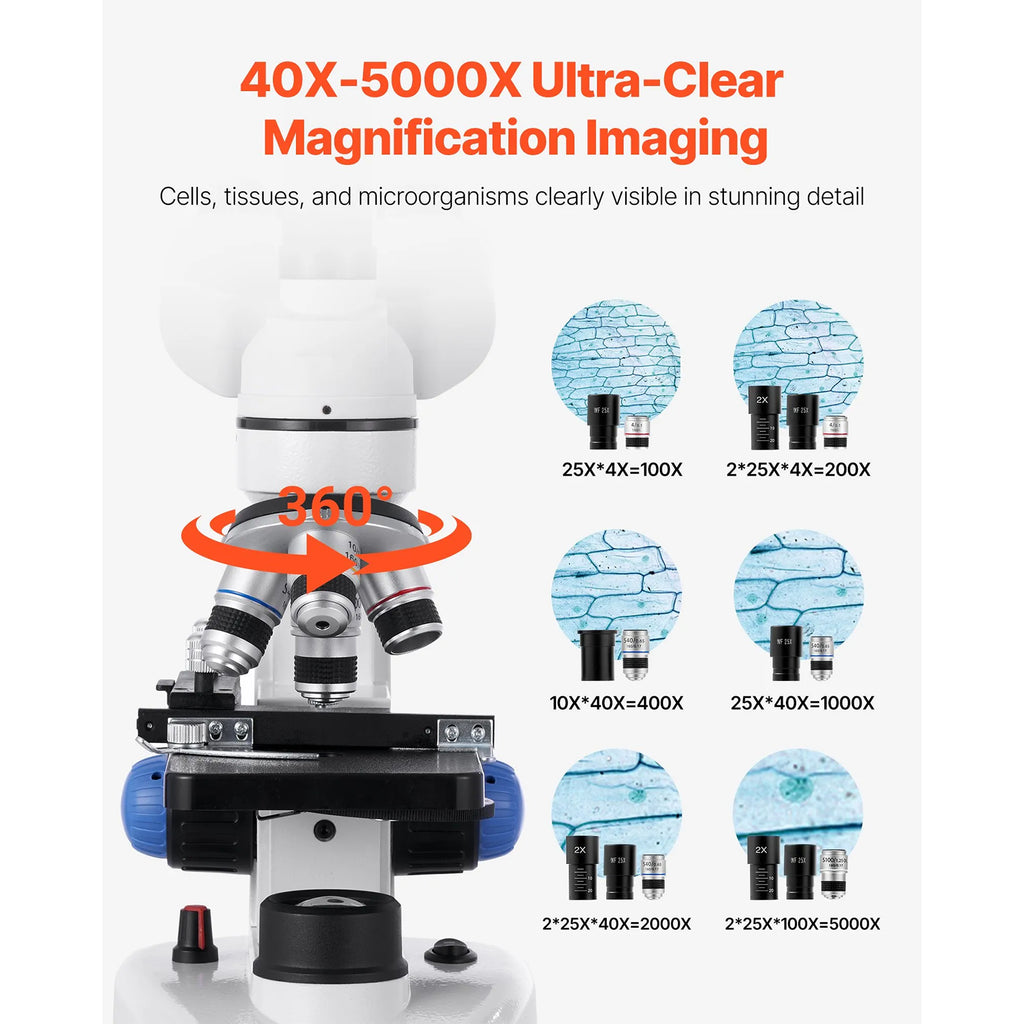 Trinocular Microscope, Professional Compound Microscope, 40-5000X Magnificatio