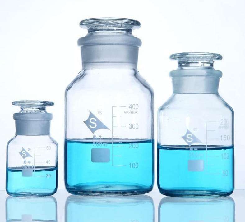 Wide mouth bottle, clear glass, graduated, Capacity 60 ml to 20.000 ml