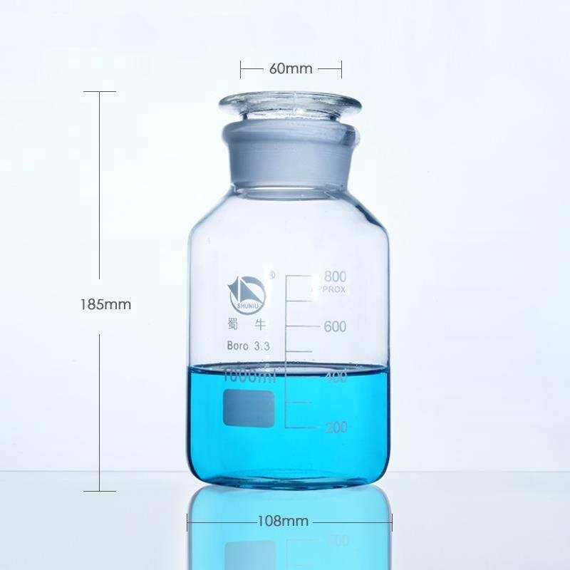 Wide mouth bottle, clear glass, graduated, Capacity 60 ml to 20.000 ml