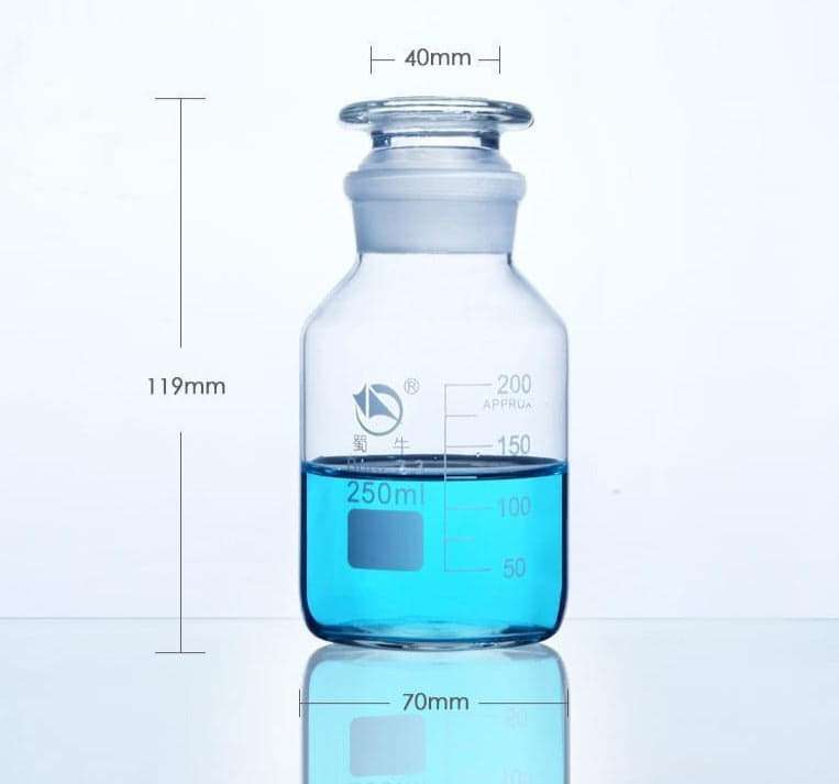 Wide mouth bottle, clear glass, graduated, Capacity 60 ml to 20.000 ml