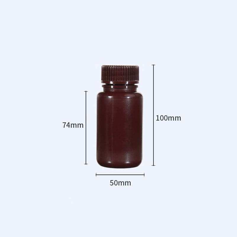 Wide mouth bottles with screw cap, Plastic PP ,brown, capacity 8 ml to 1000 ml