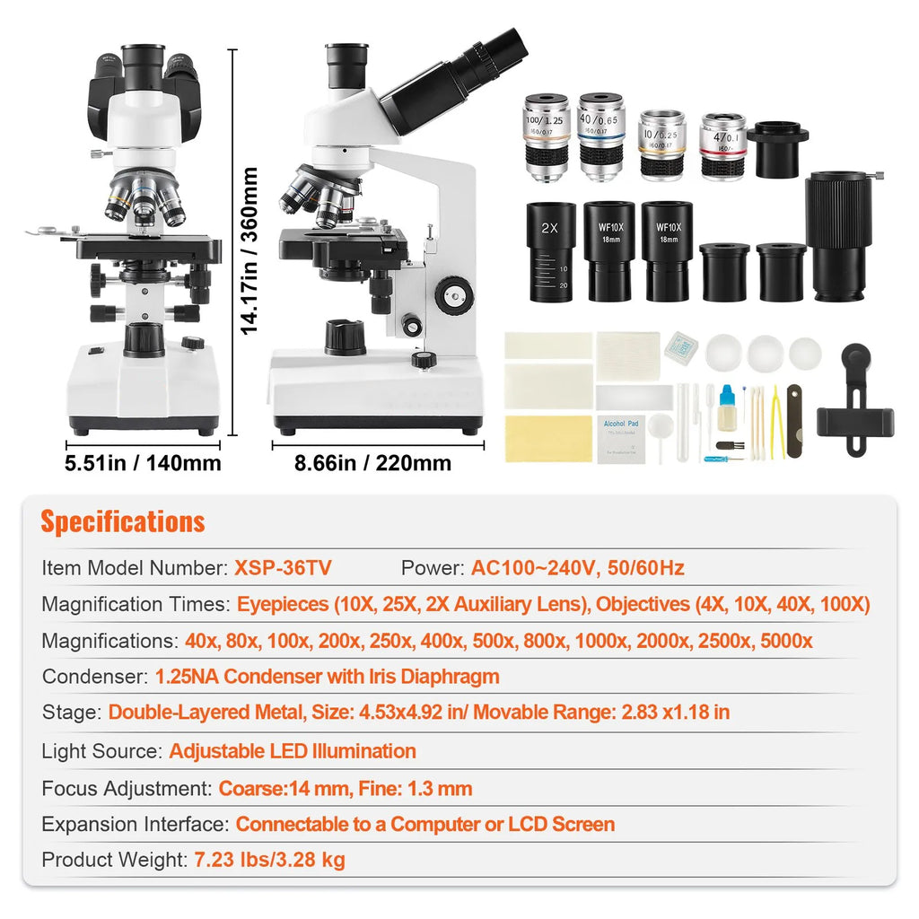 40X-5000X Magnification Trinocular Compound Lab Microscope