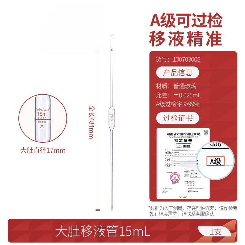 Large Belly Pipette Thickened Material Glass Dropper Fat Belly a Grade Passable Single Label 1-100ml