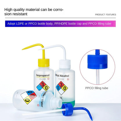 LDPE Safety Washing Bottle Wide Mouth Elbow Methanol Ethanol Acetone Distilled Water Special White