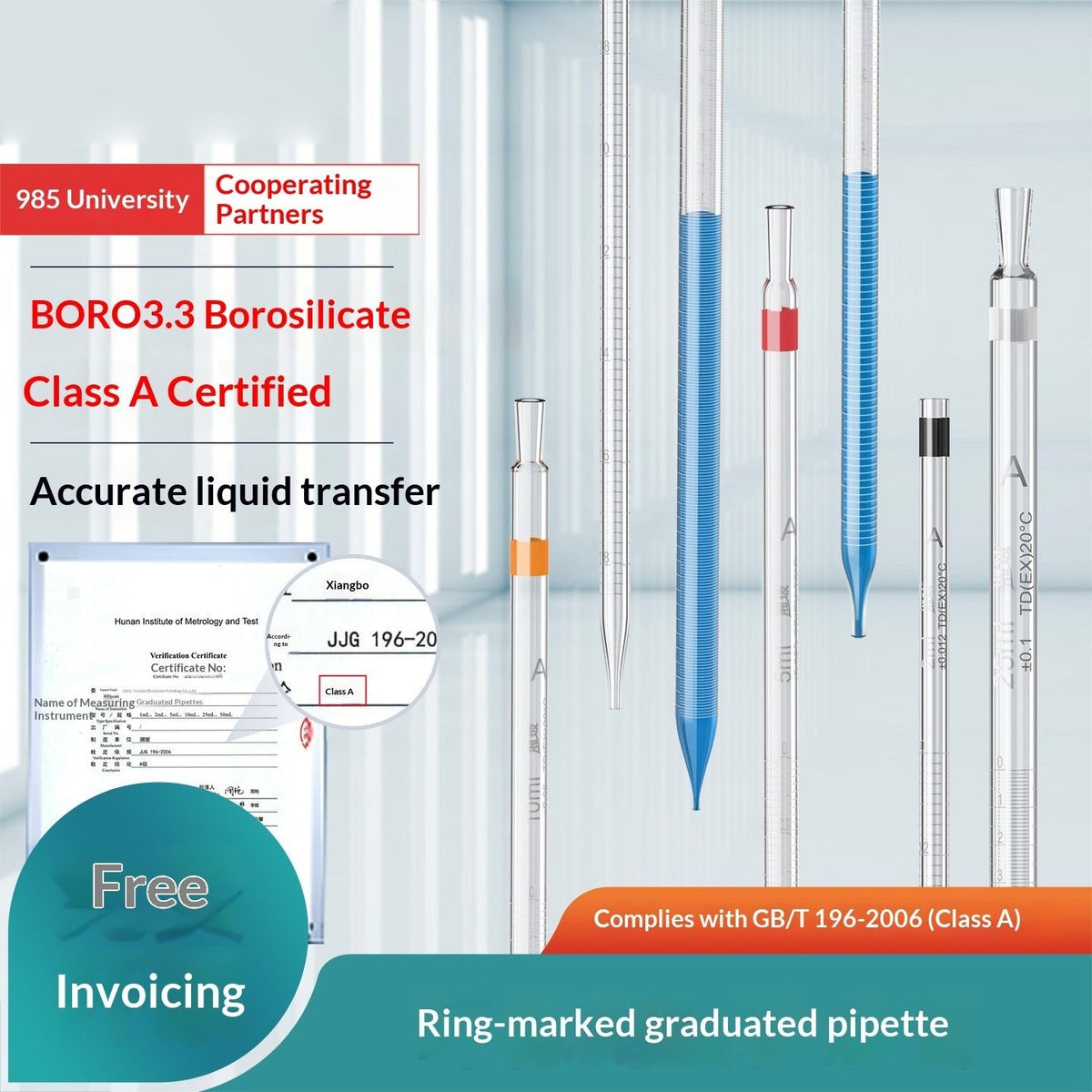 Borosilicate Glass Ring Marked Graduated Pipette Dropper Single Mark Line Class Inspected