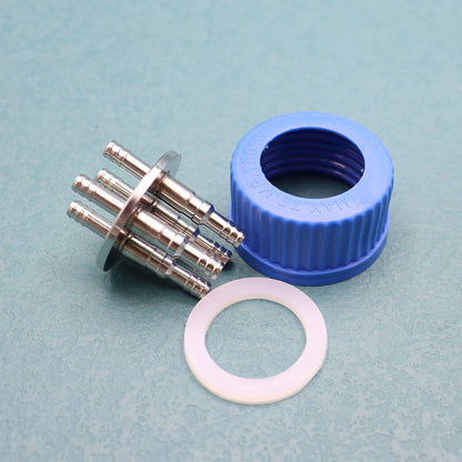 Borosilicate glass reagent/feeding bottle with blue screw cap with dual hose ports