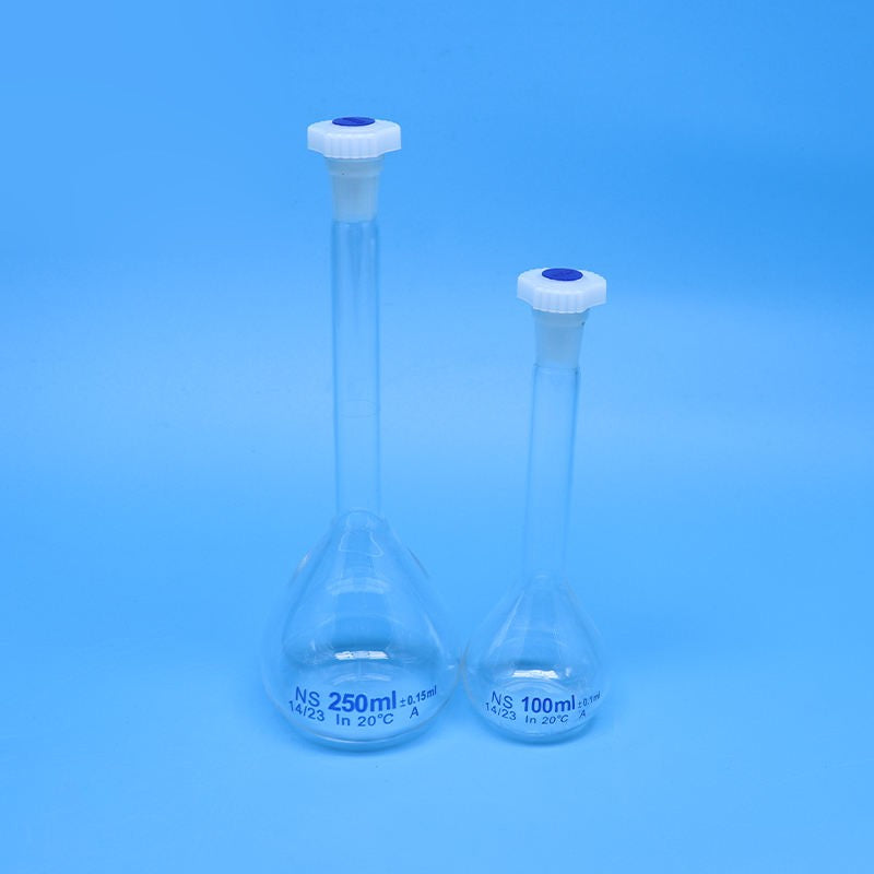 Laboratory brown glass volumetric flask with plastic stopper
