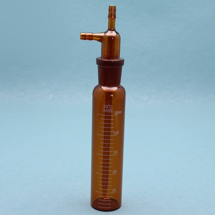 Borosilicate glass impact-type gas absorption/washing bottles with glass stoppers and side arms