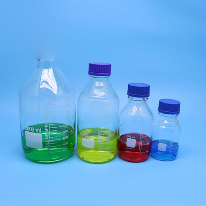 GL45 borosilicate glass reagent/media bottle with blue screw cap