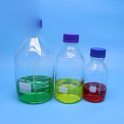 GL45 borosilicate glass reagent/media bottle with blue screw cap