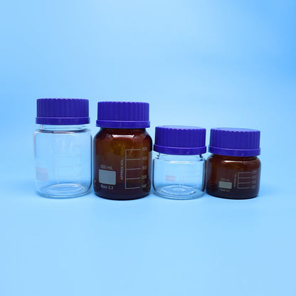 GL80 wide-mouth borosilicate glass reagent bottle with blue screw cap