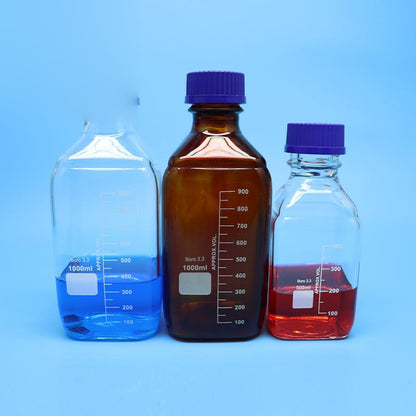 Square borosilicate glass reagent vial with blue screw cap and graduation marks