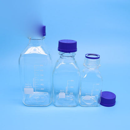 Square wide-mouth borosilicate glass reagent bottle with blue screw cap